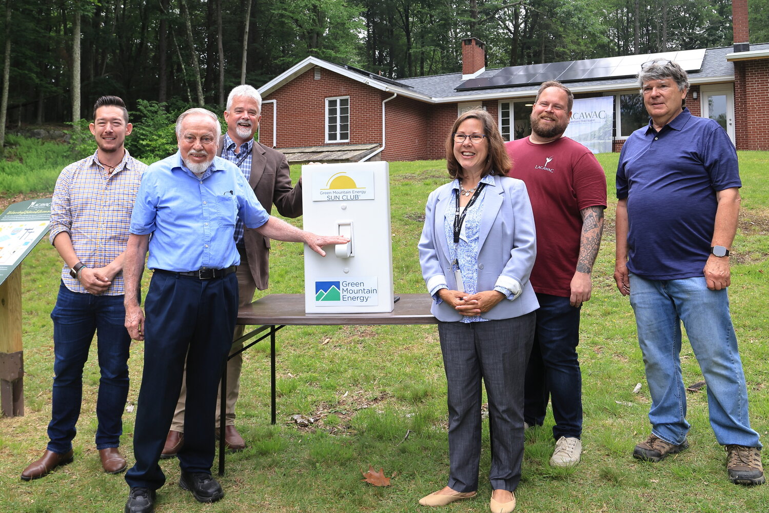A Flip the Switch ceremony at Lacawac Sanctuary's William E. Chatlos Enivornmental Education Center building was held on June 28. It symbolized taking the building off the grid. Solar panels and a generous donation of nearly $43,000 from Green Mountain Energy Sun Club made it possible. Pictured are Johnny Richardson, left; Milton Roegner; James Shook; Jocelyn Cramer; Craig Lukatch; and Bill Leishear...